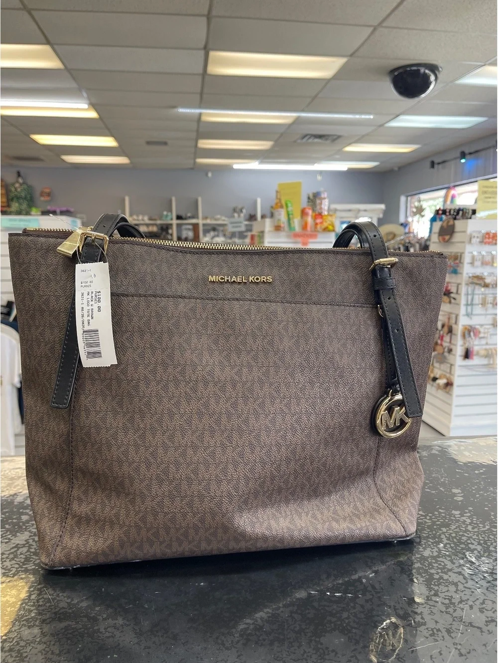 Michael Kors Large Brown Logo Tote Bag with Black Leather Straps